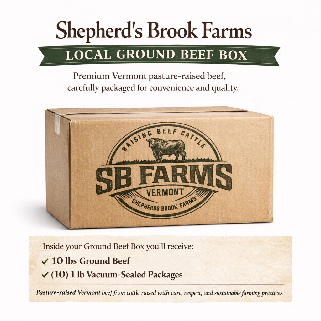 Shepherd's Brook Farms local ground beef box with branding and product details.